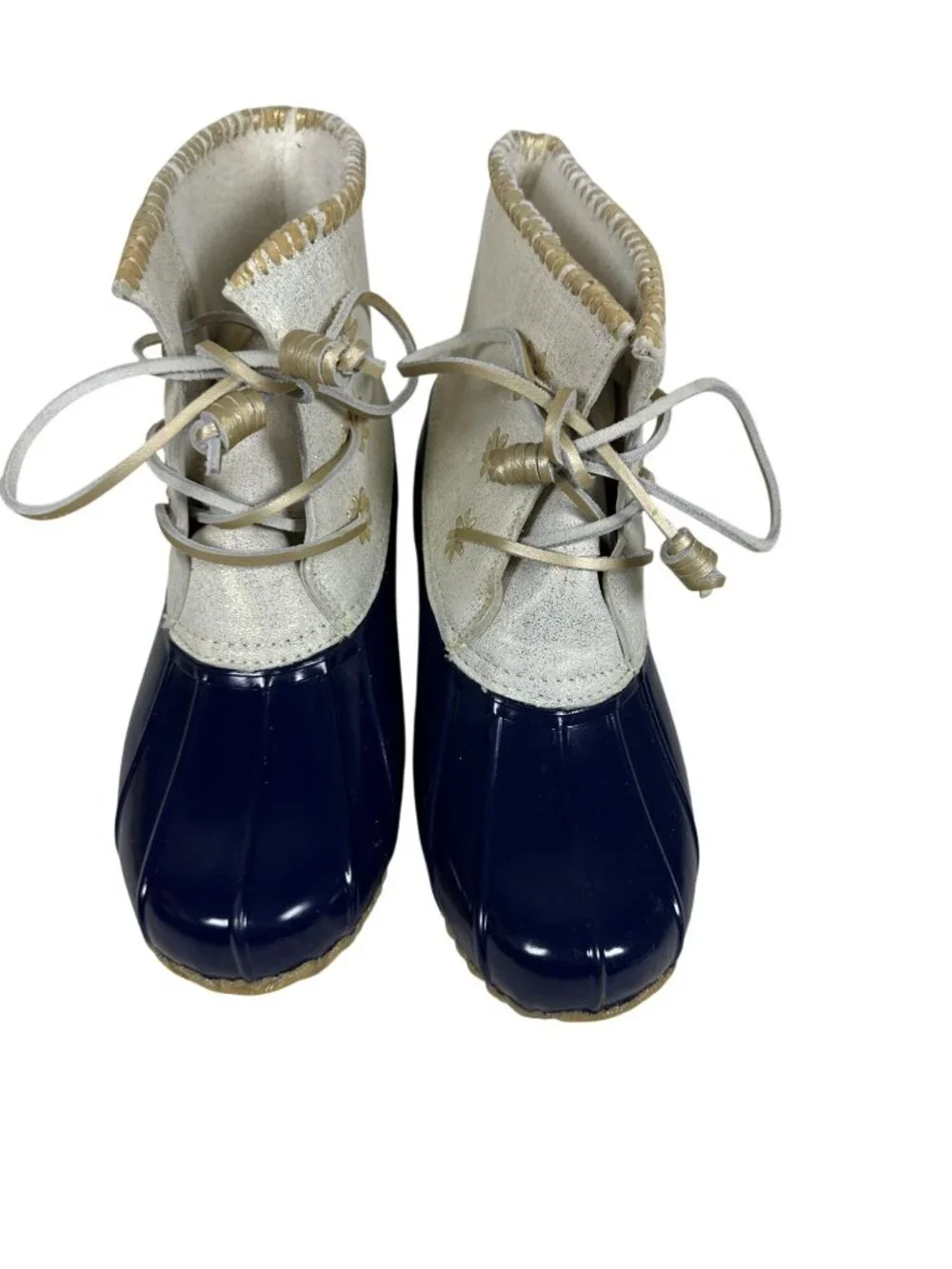 Jack Rogers Womens Navy Cream Gold Sparkle Duck Rain Boots 10 Waterproof Winter